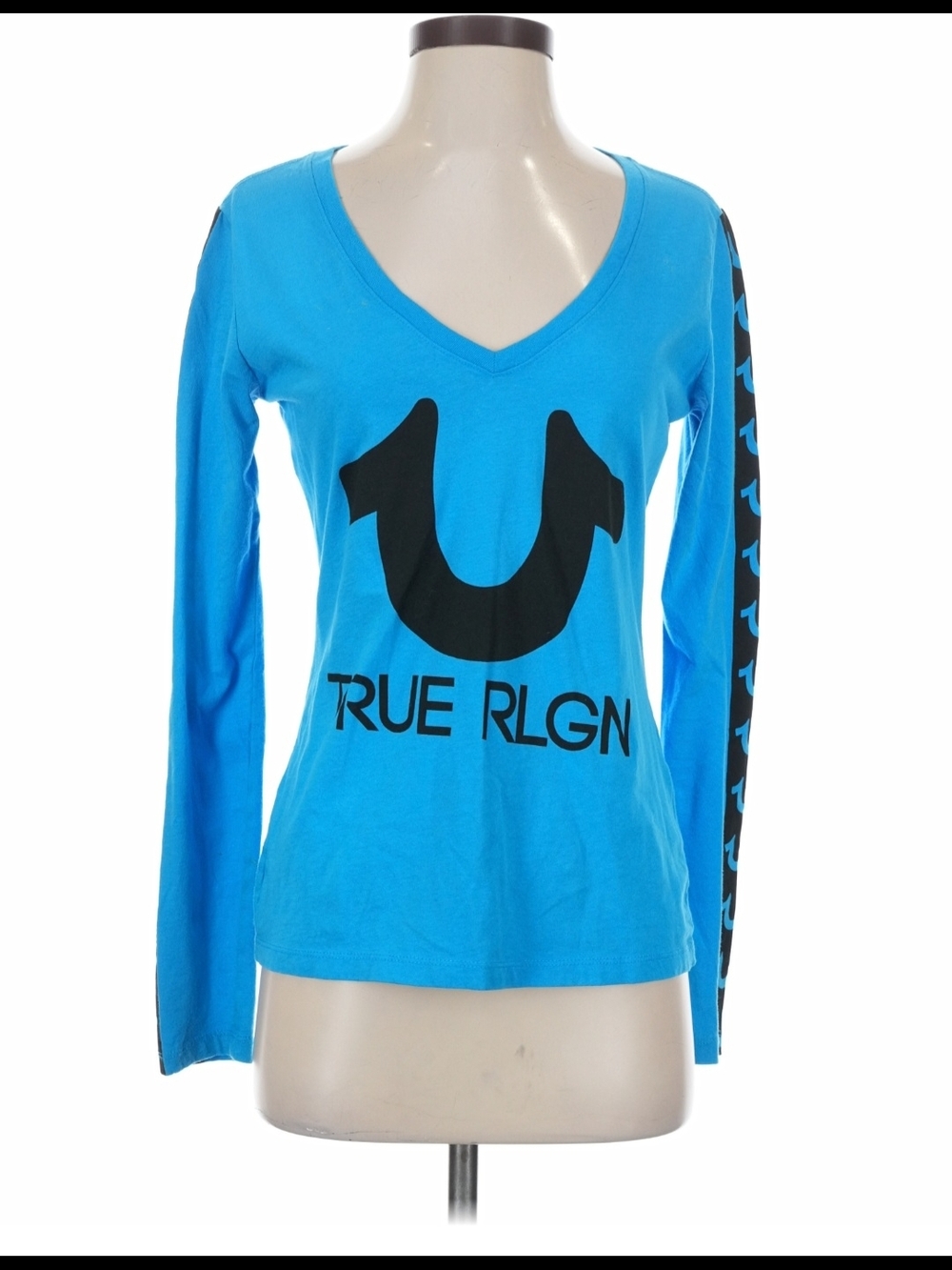 True Religion Bright Blue V-Neck Long Sleeve Logo Top